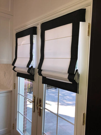 Custom Roman Shade "White with 4 sides Black Border", roman shade with chain mechanism, Custom Made roman shade, window Treatments