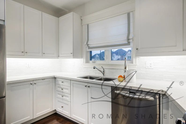 Cheval White Flat Roman Shade with Silver Border — Custom Size