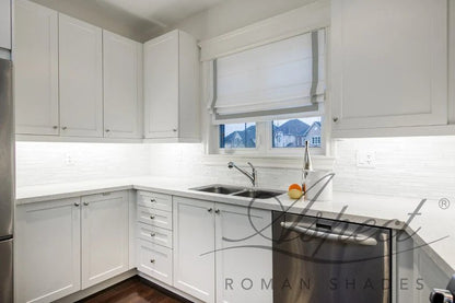 Cheval White Flat Roman Shade with Silver Border — Custom Size