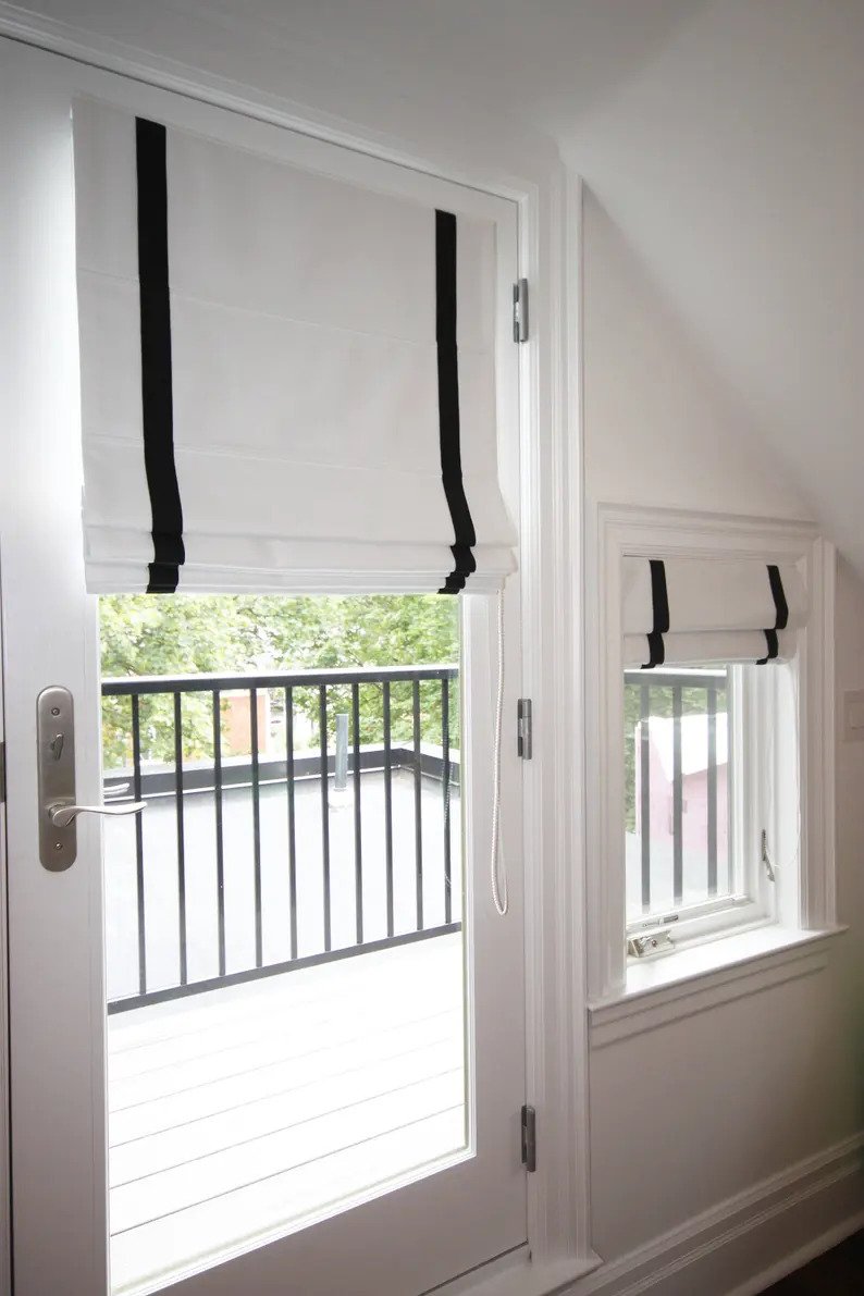 Custom made roman shade, Roman Shade "White with black trim", 100% linen roman shade, flat style with chain mechanism, window treatments
