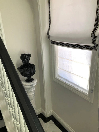 Cheval White Relaxed Roman Shade with Greek Key Trim — Custom Size