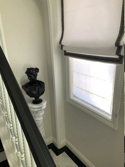 Cheval White Relaxed Roman Shade with Greek Key Trim — Custom Size