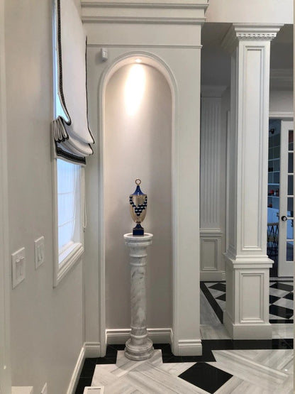 Cheval White Relaxed Roman Shade with Greek Key Trim — Custom Size