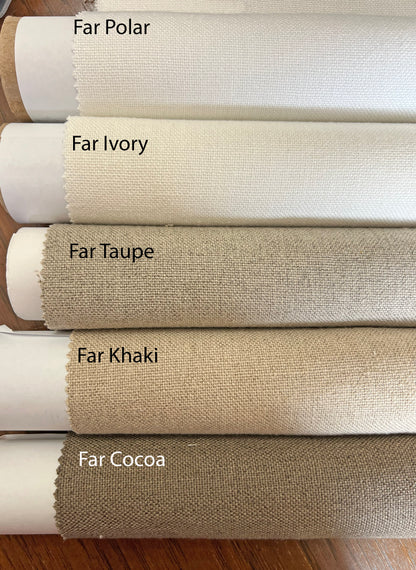 Far faux linen palette on the roll — Polar, Ivory, Taupe, Khaki and Cocoa, five neutral Roman shade colours