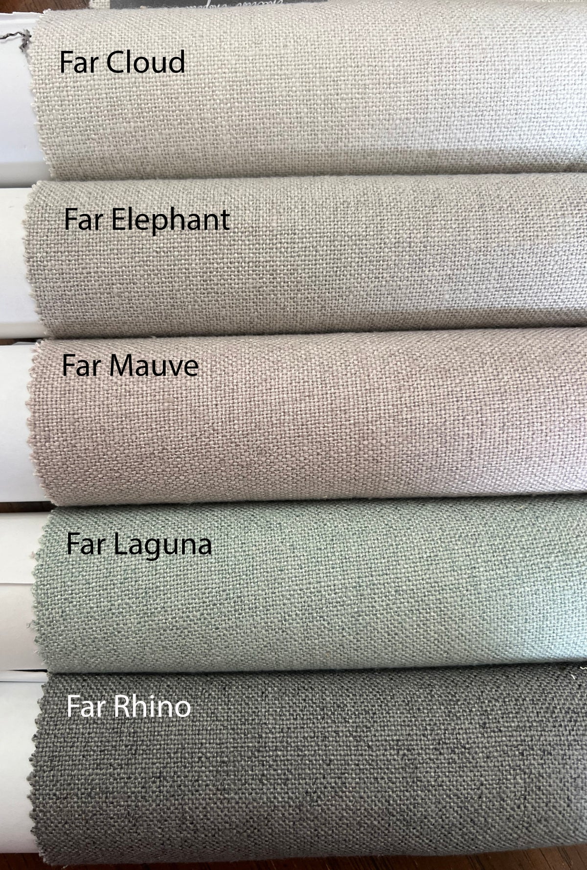 Far faux linen palette on the roll — Cloud, Elephant, Mauve, Laguna and Rhino Roman shade colours