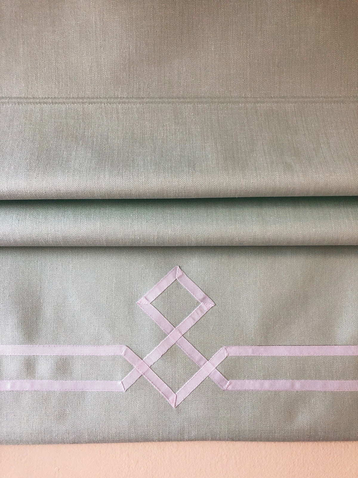 Linen Roman Shade with Double Ribbon Border and Diamond Design — Custom Size