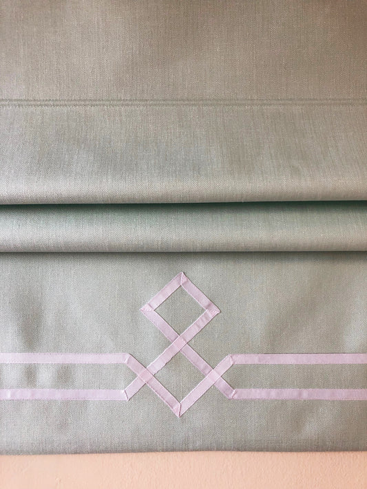 Linen Roman Shade with Double Ribbon Border and Diamond Design — Custom Size