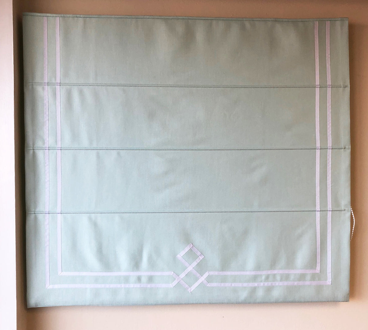 Linen Roman Shade with Double Ribbon Border and Diamond Design — Custom Size