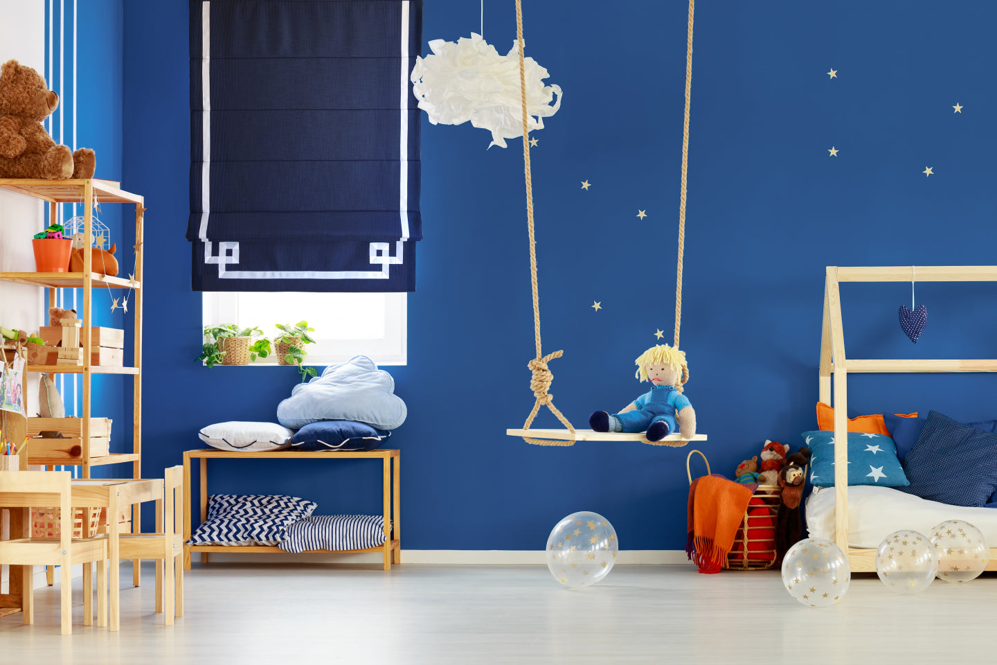 Dark Blue Flat Linen Roman Shade with Greek Key Design