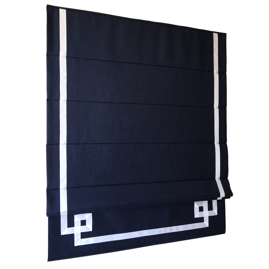 Dark Blue Flat Linen Roman Shade with Greek Key Design