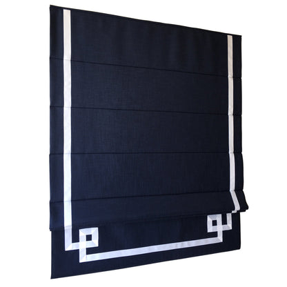 Dark Blue Flat Linen Roman Shade with Greek Key Design