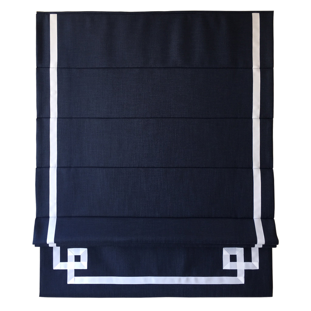 Dark Blue Flat Linen Roman Shade with Greek Key Design