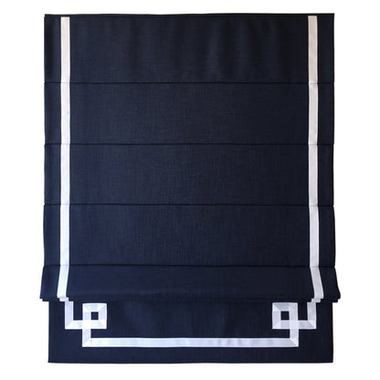 Dark Blue Flat Linen Roman Shade with Greek Key Design