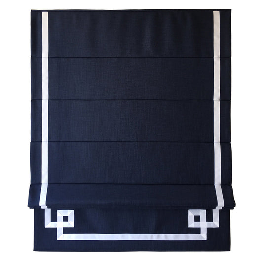 Dark Blue Flat Linen Roman Shade with Greek Key Design
