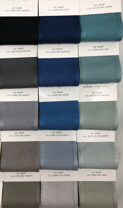 Grey, blue and green herringbone fabric swatches