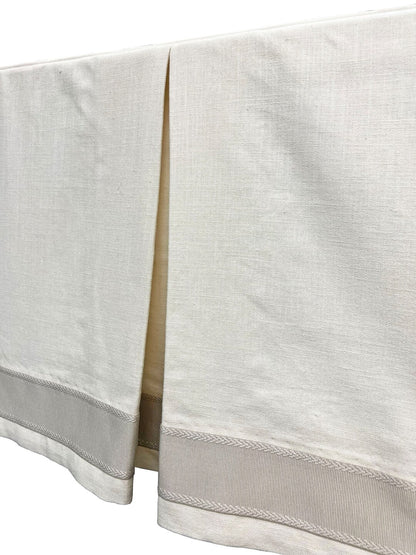 Linen valance with grey border and centre pleat