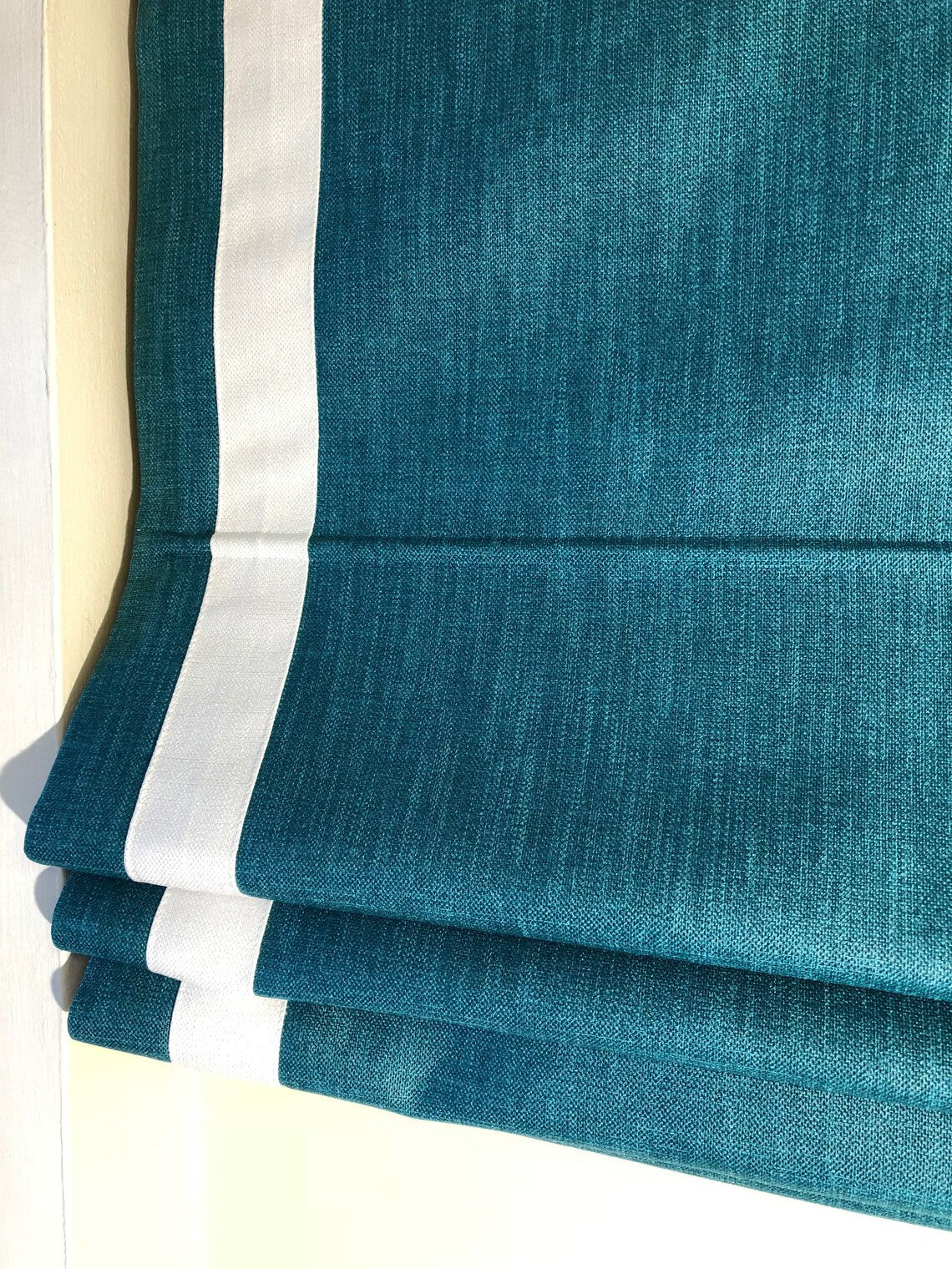 Cheval Marine Flat Roman Shade with White Border — Custom Size