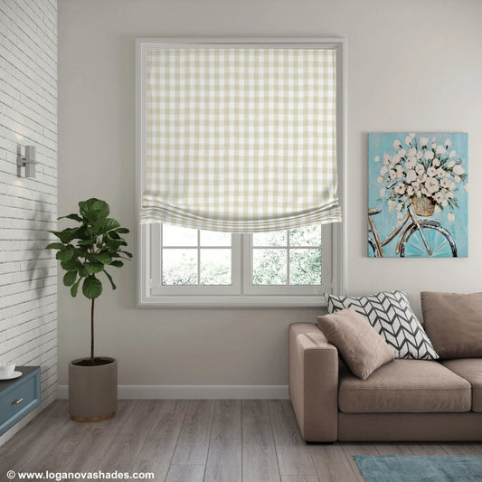 Linen European relaxed roman shade, Swedish check pattern