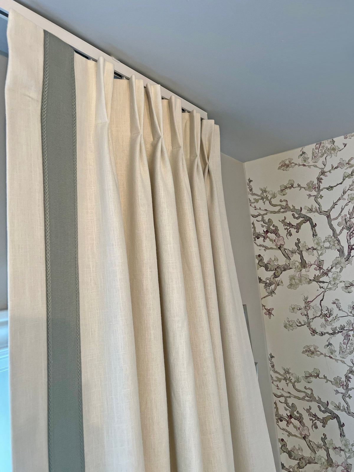 Regatta Dove Pinch Pleat Drapery Panel — Heart Trim, Custom Size