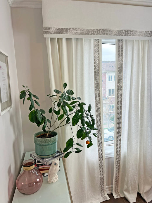 Custom Pelmet Valance, 100% Linen with Trend trim, Valance Box, Upholstered Cornice, Pelmet for windows, Custom Window Treatment