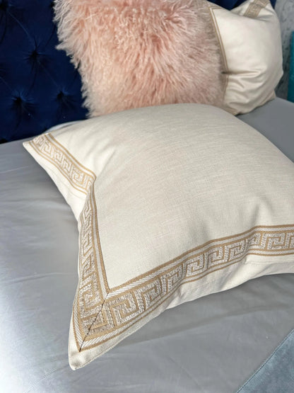 Custom cushion cover with Greek key trim, handmade in Toronto