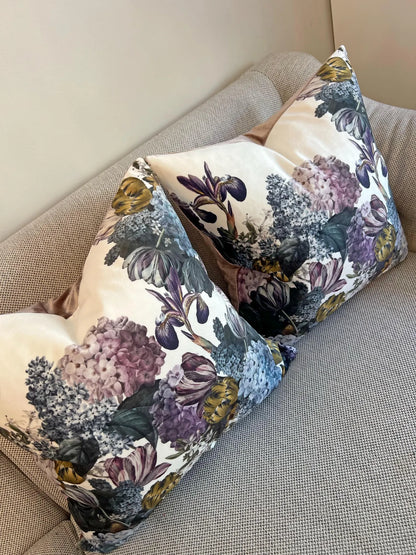 Velvet flowers cushion, irises lilacs and hydrangeas