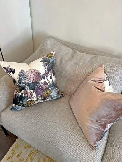 Velvet floral pillow, corner and trim detail