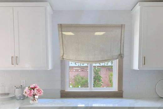 Custom Relaxed Roman Shades, Linen Utopia (100% sheer linen), Sheer Linen Roman Shade with decorative trim CE55