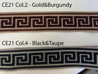 Greek key trim decorative pillow, back view
