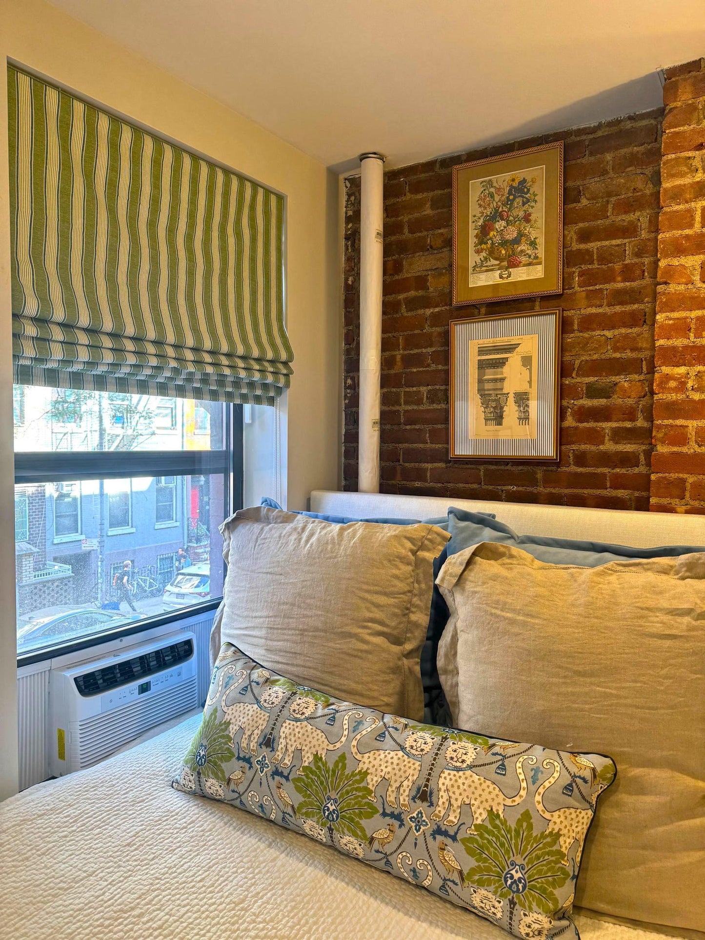 Greenery Stripe Roman shade — Spoonflower organic cotton, handmade in Toronto