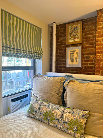 Greenery Stripe Roman shade — Spoonflower organic cotton, handmade in Toronto