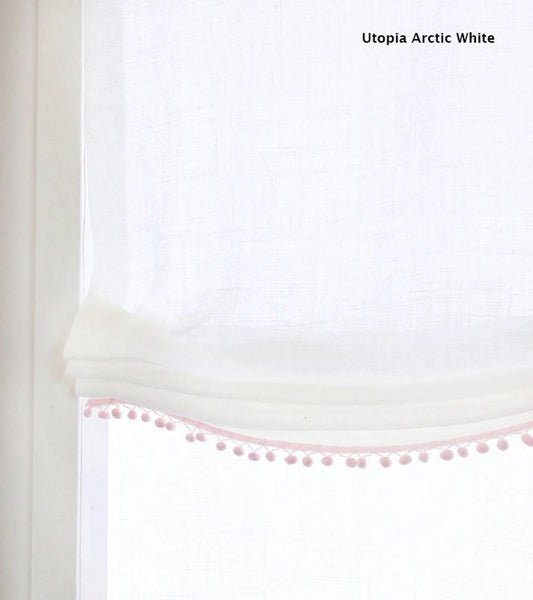 Sheer Linen European Relaxed Roman Shade with Pom-Pom Trim — Custom Size