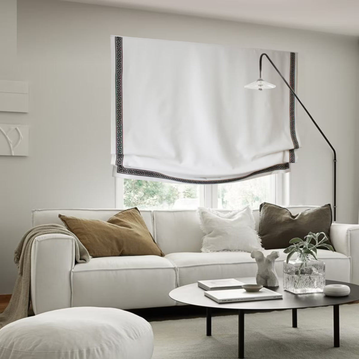Cheval European Relaxed Roman Shade with Greek Key Trim — Custom Size