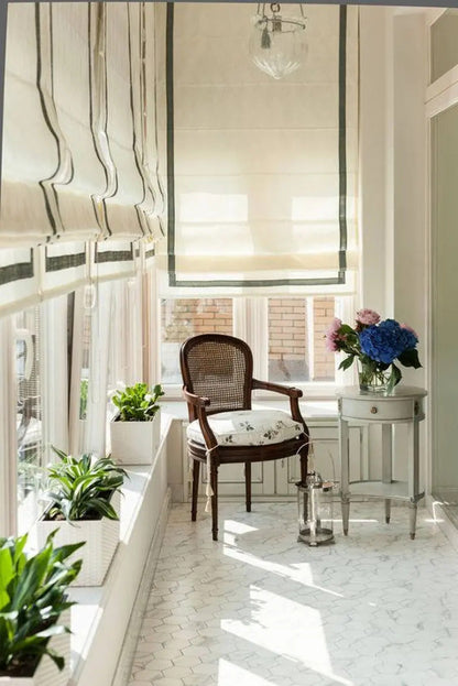Relaxed Roman Shades, 100% Linen Roman Shade "Natural with Pine Border", window treatment, Custom made sheer shades with chain mechanism