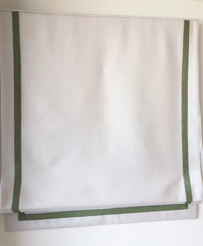 Relaxed Roman Shade "Cream with Pine Border", Roman Shades with Pine Trim, with Chain Mechanism - Custom Shade