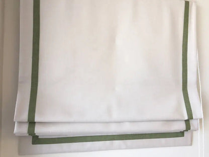 Relaxed Roman Shade "Cream with Pine Border", Roman Shades with Pine Trim, with Chain Mechanism - Custom Shade
