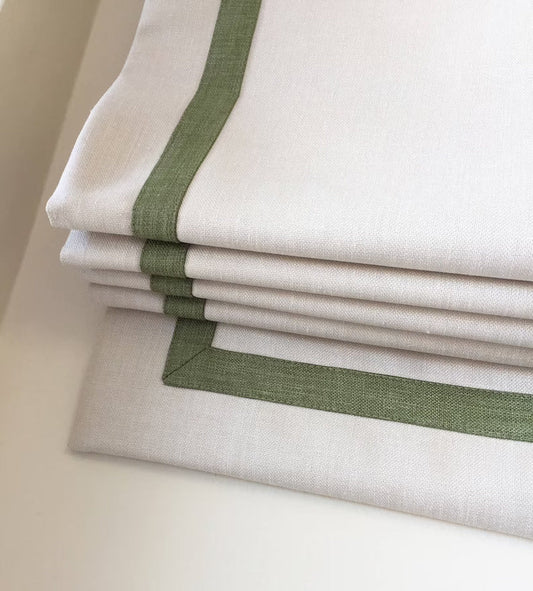 Linen relaxed roman shade, cream with Pine border