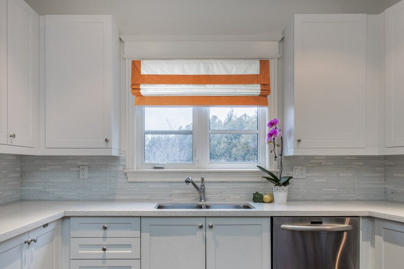 Cheval White Relaxed Roman Shade with Mango Border & Valance — Custom Size