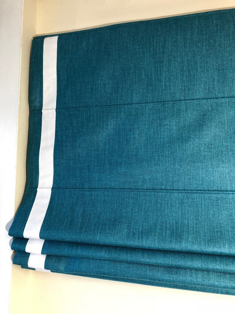 Cheval Marine Flat Roman Shade with White Border — Custom Size