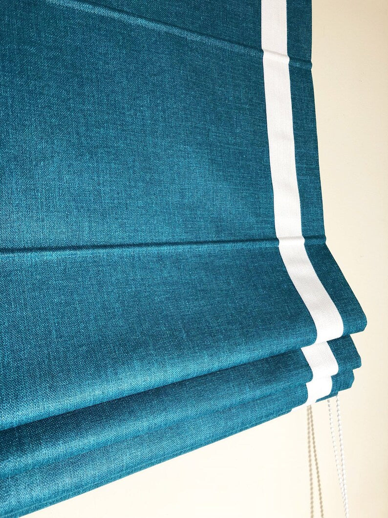Cheval Marine Flat Roman Shade with White Border — Custom Size