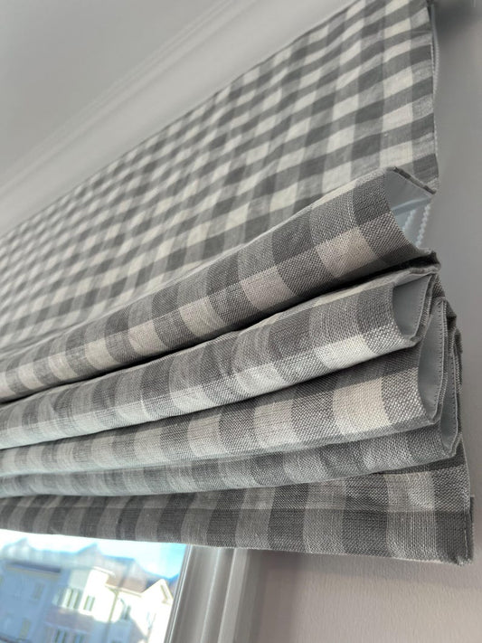 Swedish Linen Check relaxed Roman shade in Skylight, side view