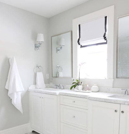 White faux linen relaxed Roman shade with black border, custom made