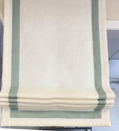 Cordoba linen relaxed Roman shade with Rendezvous contrast border
