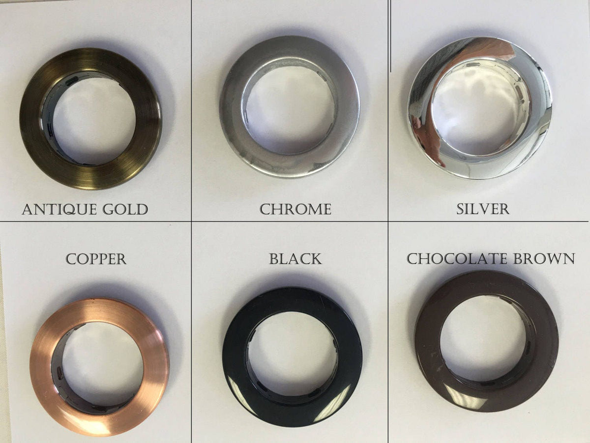 Six grommet finishes: antique gold, chrome, silver, copper, black and chocolate brown