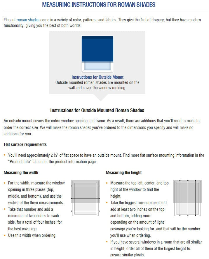 Measuring diagram for an outside mount Roman shade