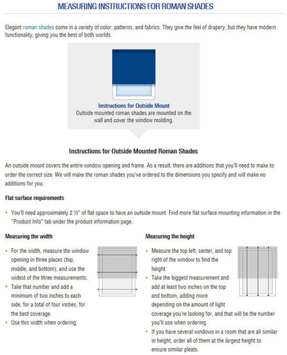 How to measure for outside mount Roman shades: width and height measuring instructions infographic