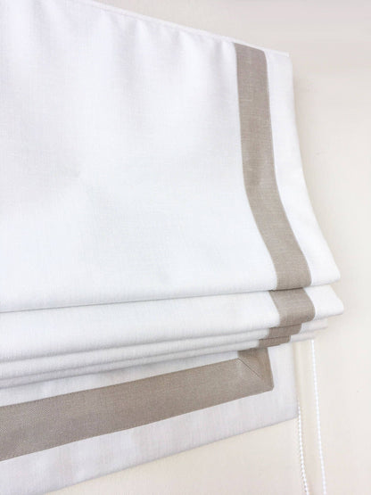 Cheval faux linen relaxed Roman shade with contrast linen border — custom size