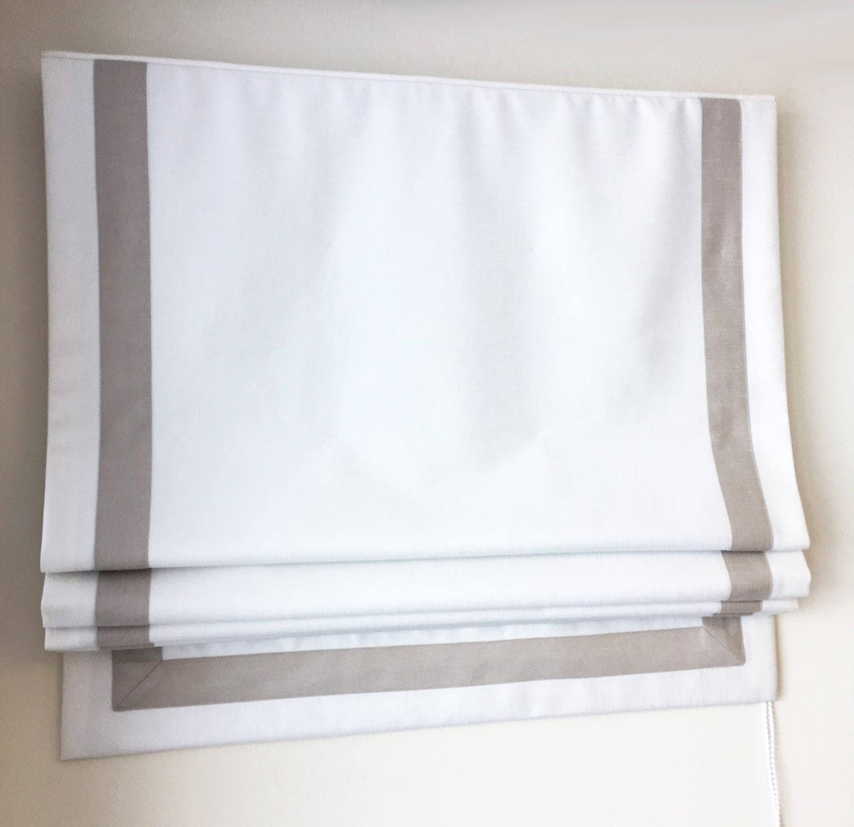 Cheval faux linen relaxed Roman shade with contrast linen border — custom size