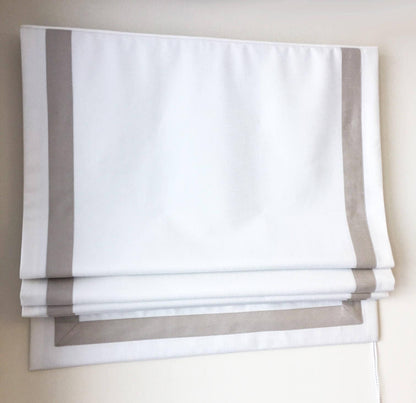 Cheval faux linen relaxed Roman shade with contrast linen border — custom size