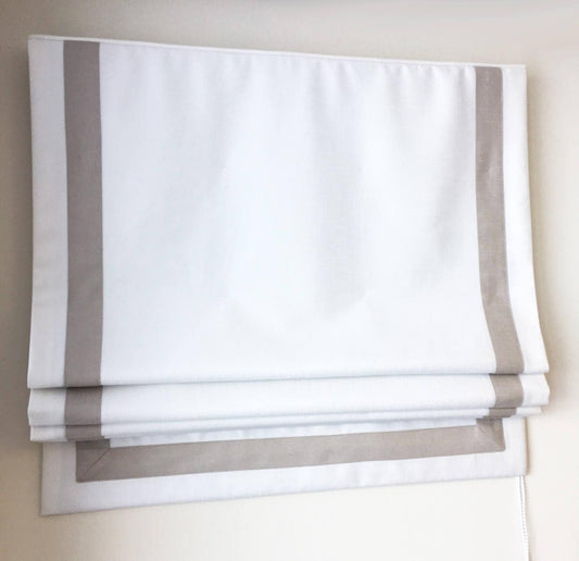 Cheval faux linen relaxed Roman shade with contrast linen border — custom size
